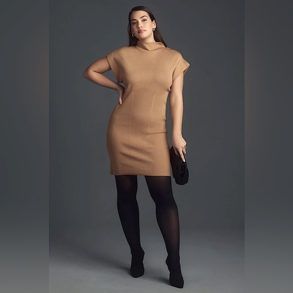 Anthropologie Tan Bodycon Mini Dress Mock Neck Cap Sleeve